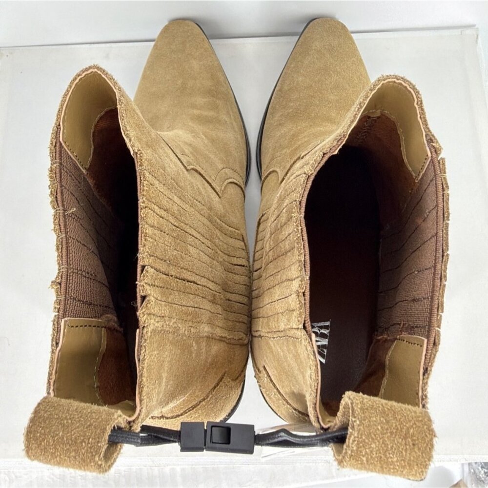 Zara Western Booties Calf Block Heel Tan Suede Boots Women Size 37 US6.5 - Picture 6 of 12